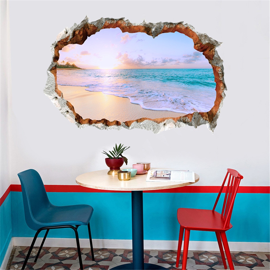 3D DIY Family Home Wall Sticker Removable Mural Decals Vinyl Art Effect Beach Sea Window Landscape Scenery Wall Sticker Wallp D