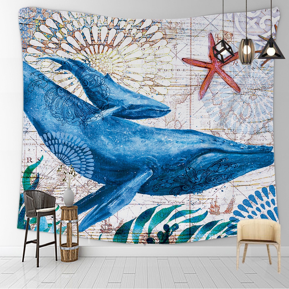 Tortue de mer hippocampe baleine poulpe vie marine océan tenture trippante tapisserie murale décoration faite à la main art chambre salon dortoir