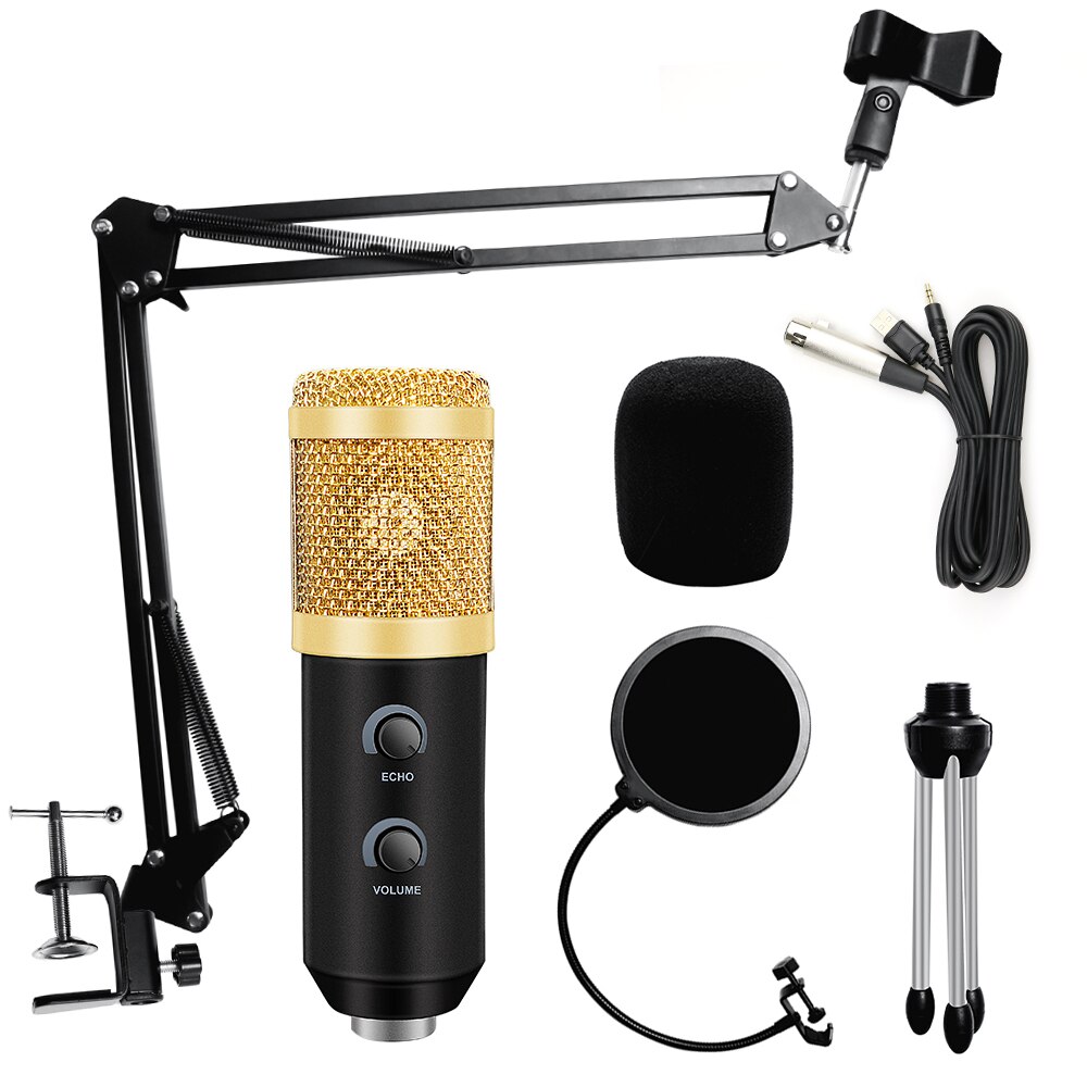bm 800 Condenser Microphone for PC Computer Streams Recording USB Microphone karaoke studio microfono with stand , pop filter: Gold Kits 2