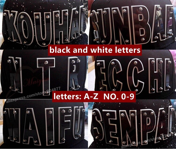 Spejl akryl tæve bogstaver mænd kvinder sport baseball hætter besat snapback hatte: Sort og hvid