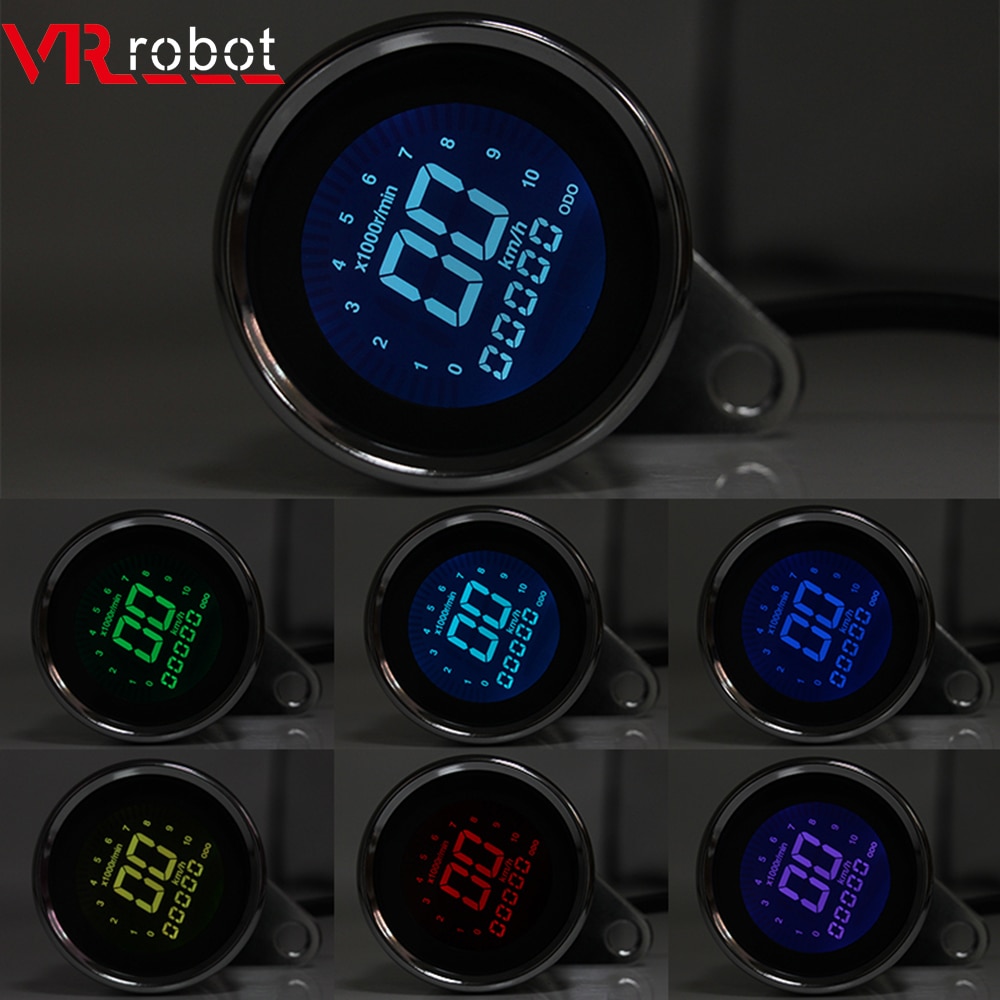 Vr Robot 3 In 1 Digitale Motorfiets Snelheidsmeter Kilometerteller Techometer 12V Universele Retro Meter Indicator 7 Kleuren Led Blacklight