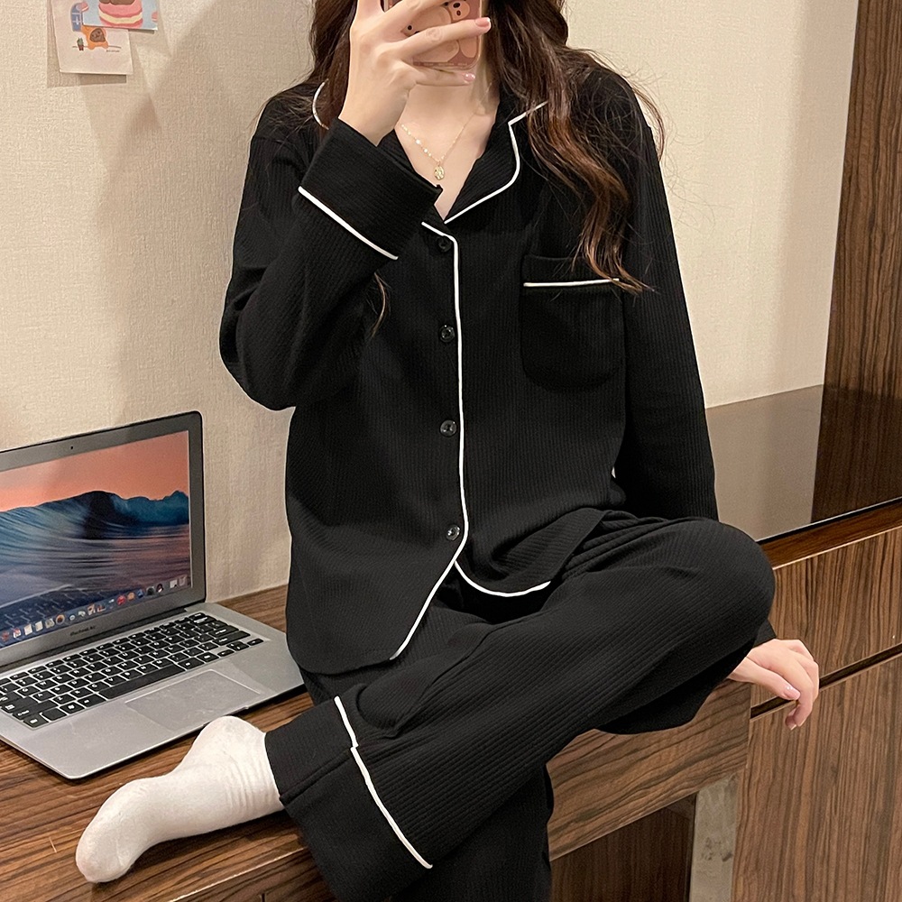 Women's Imitation Cotton Pyjamas Homewear Set Girls Spring and Autumn Pajamas Homewear Ladies Long-Sleeved Cardigan Homewear: XL / black