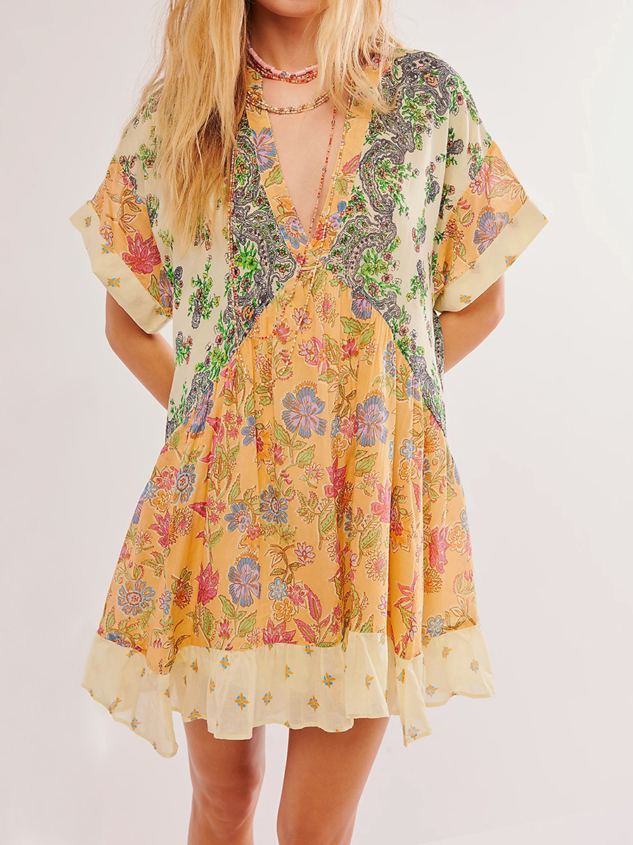 Kvinners sommer babydoll-kjole bohemsk blomstertrykk kortermet v-hals flagrende kjole med lommer fritids-retro