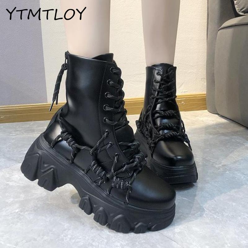 Autumn Winter Punk Handsome Ankle Boots For Woman British Leather Thick Bottom Increased Boots Shoes Woman