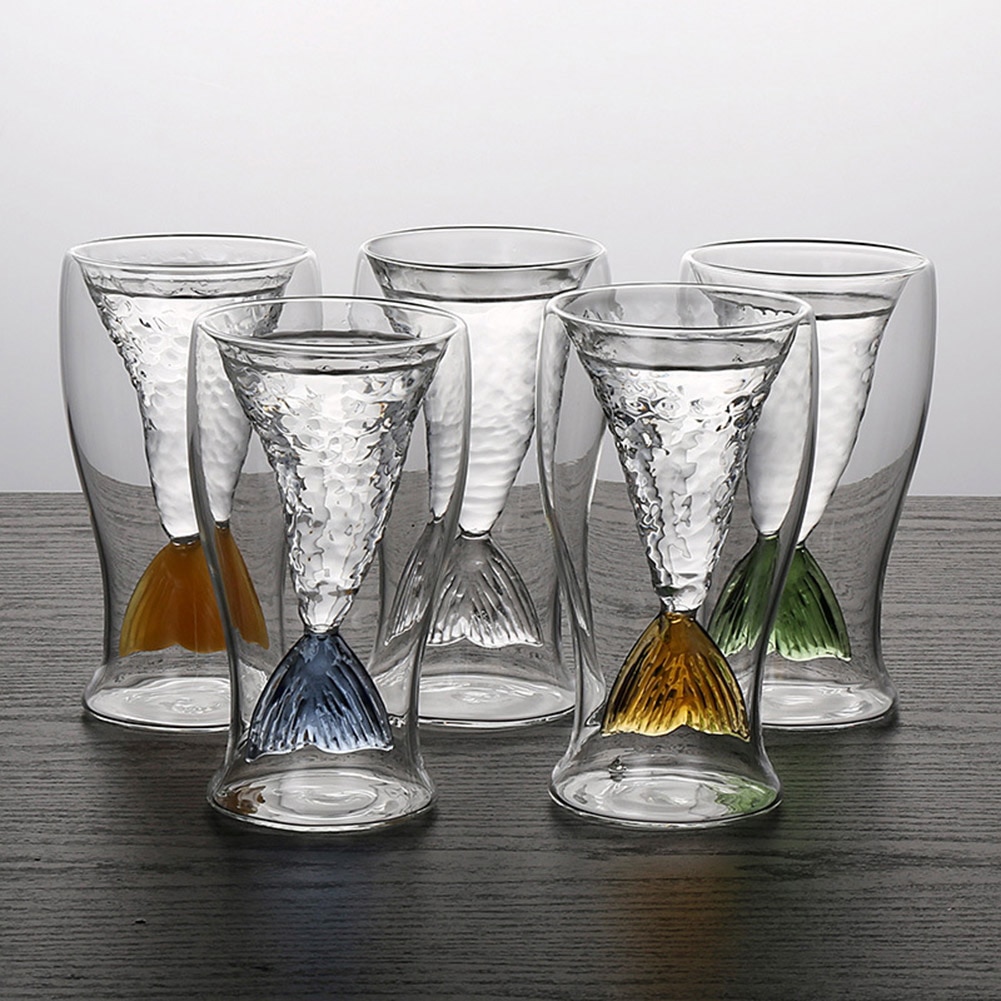 Vaso de vino de cola de pez sirena de 80ml, doble capa, cerveza, whisky, tazón taza de cóctel