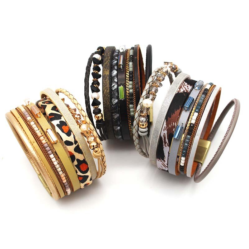 Totabc Charm Lederen Armbanden Voor Vrouwen Crystal Dames Boho Multilayer Wide Wrap Armband Vrouwelijke Sieraden