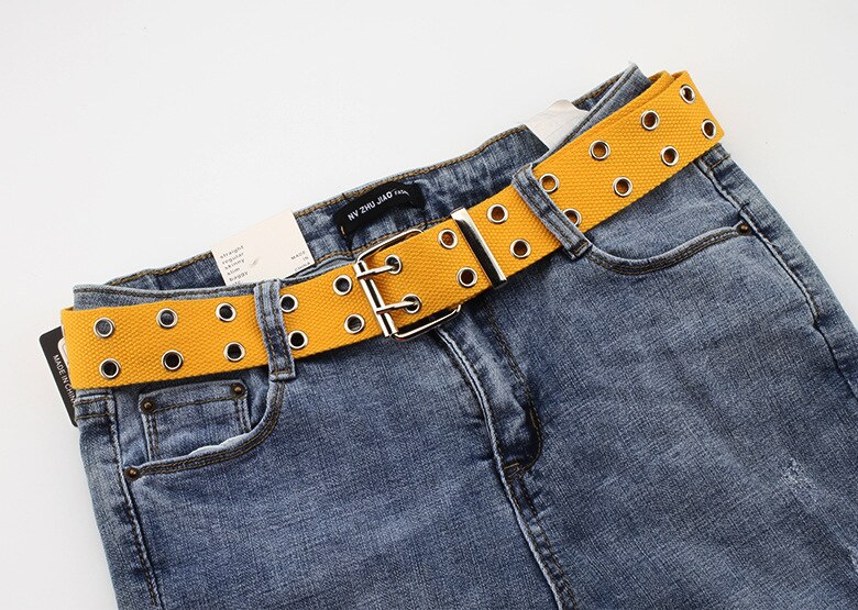 Dubbel genomföring hål spänne bälte brett canvas webbbälte kvinnlig manlig svart röd vit midjeband bälten för kvinnor män jeans: Gul