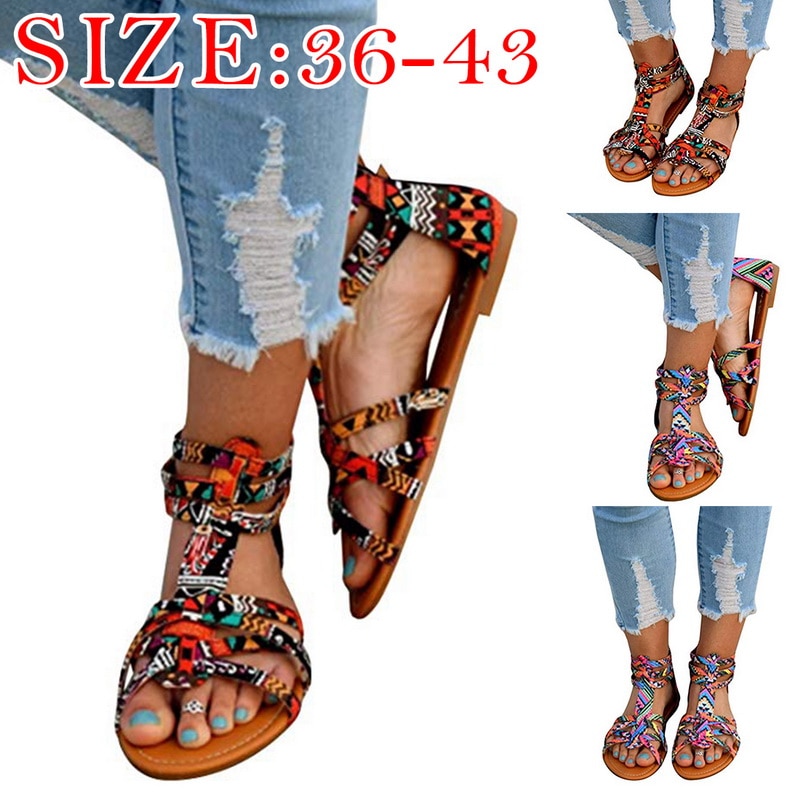 Bohème femme plage chaussures plates sandales à la imprimé mujer coloré femme plage sandales décontracté grande taille chaussures en plein air