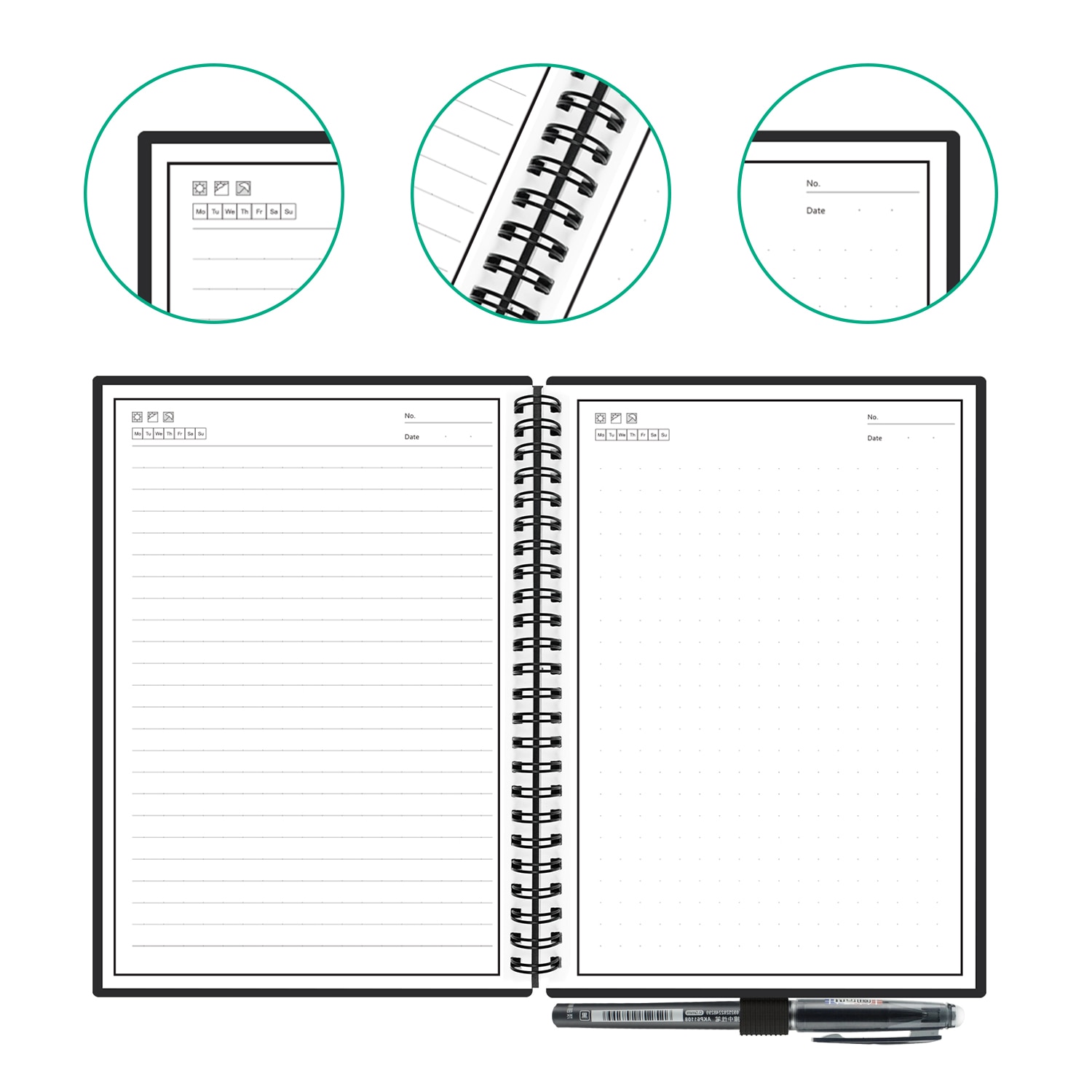 Slettbart notatbok papir gjenbrukbart smart wirebound notebook skylagring flash lagring app tilkobling notisblokk foret med penn