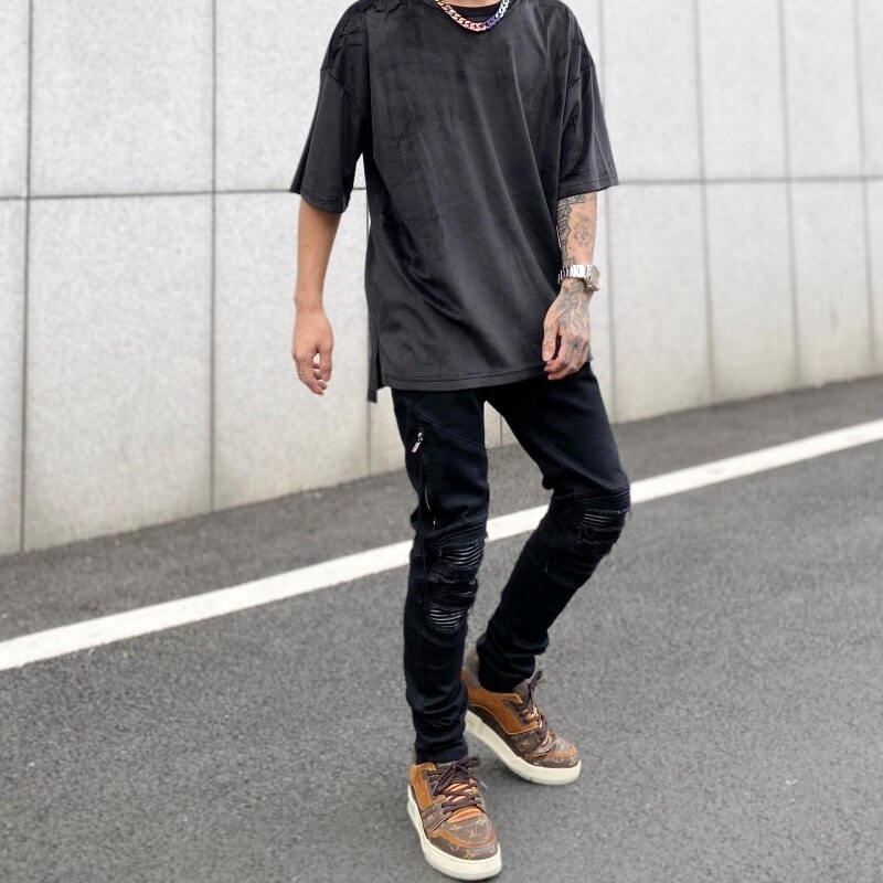 Pantaloni da moto jeans strappati per uomo alto strada toppa in pelle jeans da uomo lavaggio antirughe acqua sottile in forma jeans neri elasticizzati uomo