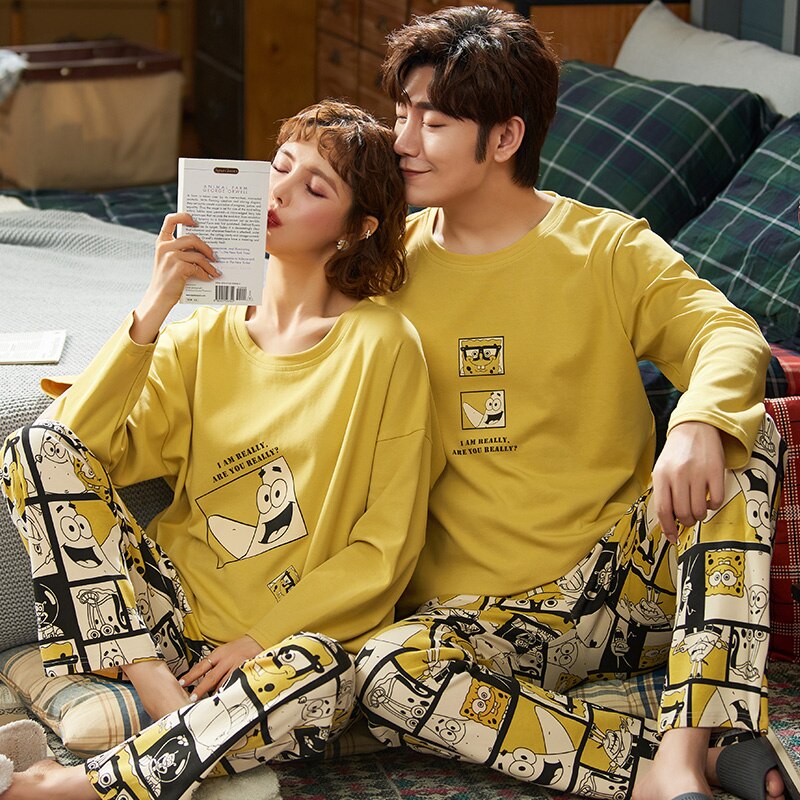 Pyjama's voor koppels herfst katoenen tops met lange mouwen vrijetijdskleding koreaanse stijl dames schattig tweedelig pak heren casual pyjama's