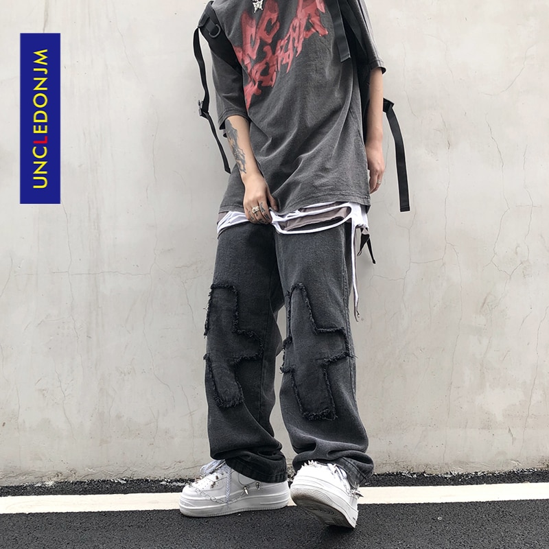 UNCLEDONJM Jeans Patch pocked cargo pants men jeans Hipster Casual Loose Punk Rock Trousers Pants ED937