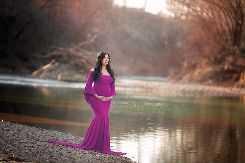 Maternity Dress For Photo Boat Neck red Dress Maternty Photography Props long Sleeve Stretch Cotton Pregnant Dress: Rose Red / S
