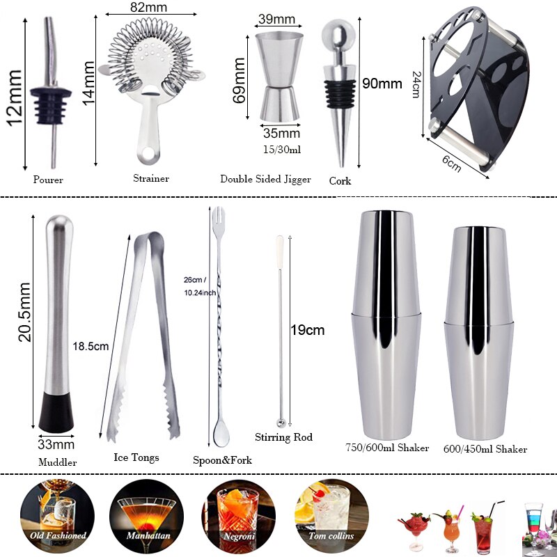 750/600/450ml Martini Drink Stainless Steel Shaker Home Bar Tools Cocktail Shaker Set Bartender Kit Stand