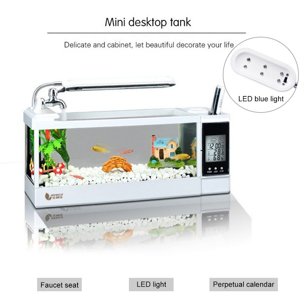 Mini Betta Fish Tanks Aquarium LED Lighting Fish Tank with Pen Holder LCD Display Screen and Clock Mini Aquarium Pecera