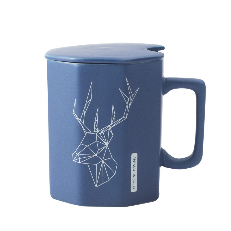 Unique Polygonal ceramic Mug with lid spoon,Male female office mugs couple cups Cartoon cute tea mug Drinkware cup