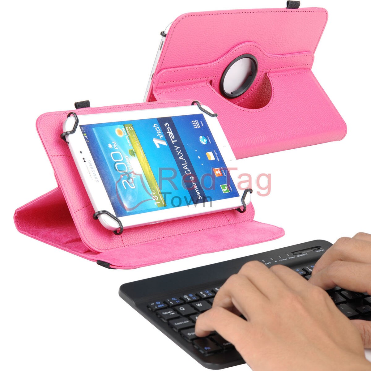 Rotating PU Leather Case with Bluetooth Keyboard for 7" RCA 7 Voyager II 2 / Pro Tablet Stands: dark pink