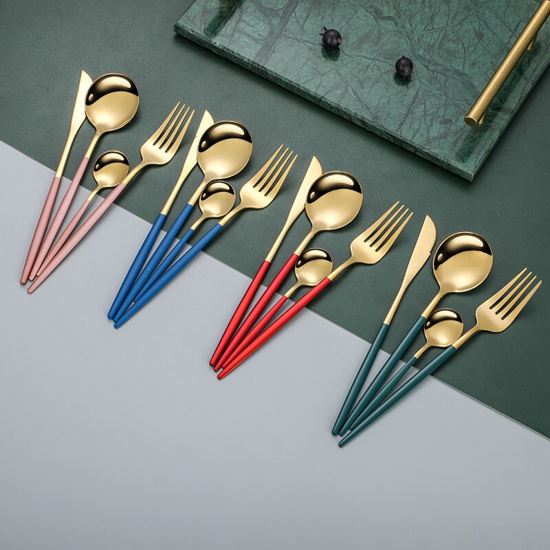 24pcs Gold Dinnerware Set Stainless Steel Mirror Cutlery Set Knife Fork Coffee Spoon Home Tableware Set Upscale Box