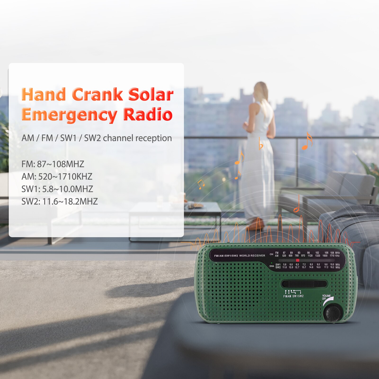 Emergency Radio Hand Crank Solar Radio 1200mAh Rechargeable Power Bank LED Flashlight AM / FM / SW1 / SW2 World Band Receiver