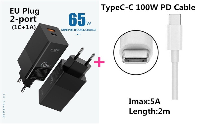 65W GaN USB C PD MagSaf* Power Adapter 2-Ports Fast Smart Mobile Phone Quick Charger For Laptop Macbook iphone Xiaomi Huawei: EU With TypeC Cable