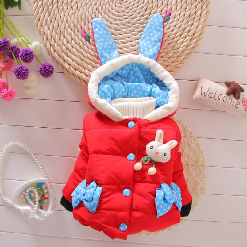 Baby Girls Winter Coat Baby Children Thicken Warm Cartoon Rabbit Cotton-padded Clothes Cute Child Hooded Bow Jackets 2-4 Years: red / 3T