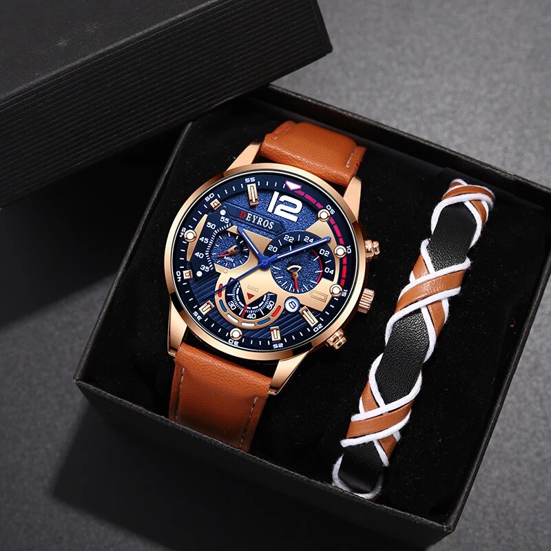2 Stück einstellen Herren Kalender Uhren Luxus männlich Geschäft lässig braun Leder Quarzuhr Männer Armbinde Armbanduhr