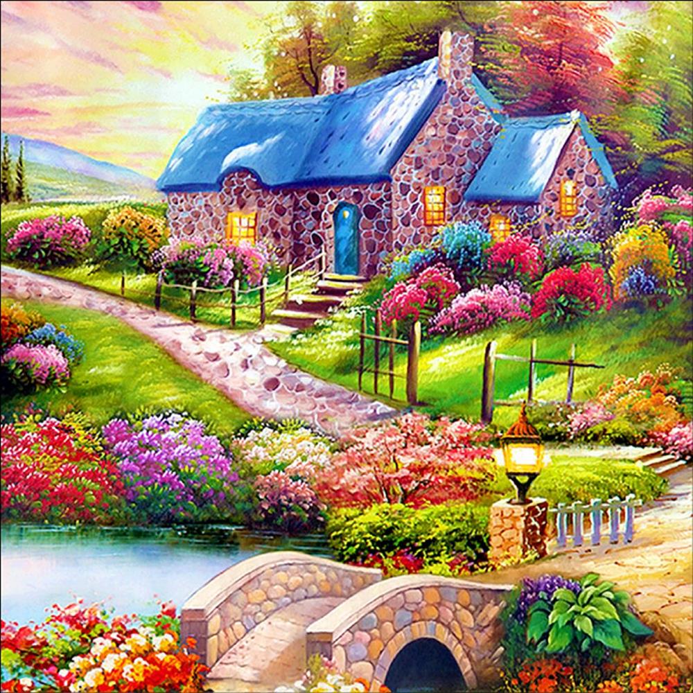 Beautiful Village Full Drill 5D Diamond Painting Colorful Trees House Flowers Bridge Road Embroidery Cross Stitch DIY Paint 2: Default Title