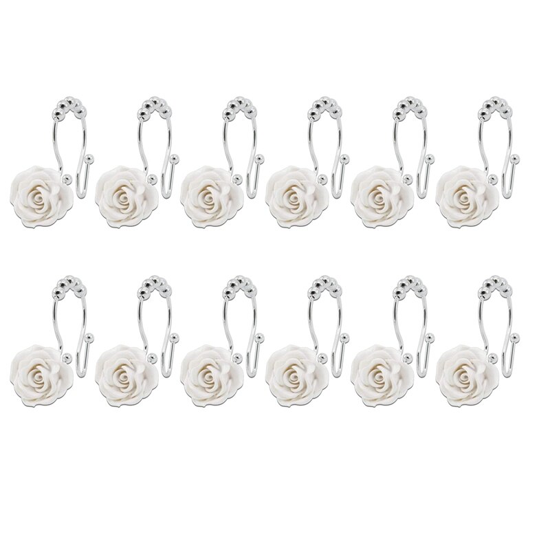 LUDA-ganchos para Cortina de ducha, anillos deslizantes dobles hechos de acero inoxidable, anillo con resina rosa, varillas de ducha para baño, 12 piezas: Blanco