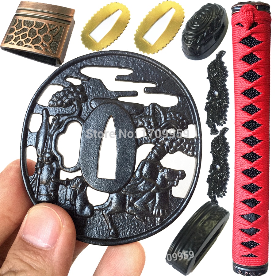 Dejlige jernbeskyttelsesbeslag til japansk katana / wakizashi / tanto diy tilbehørssæt sværdhåndtag + tsuba + fuchi + kashira + menuki + habaki: Indstillet håndtag