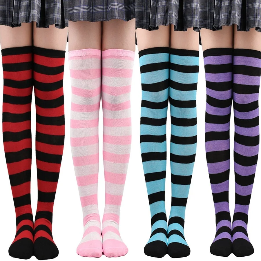Medias altas hasta el muslo a rayas para mujer, calcetines largos por encima de la rodilla en negro, blanco y rosa, Cosplay de Lolita Harajuku Y2k 2025