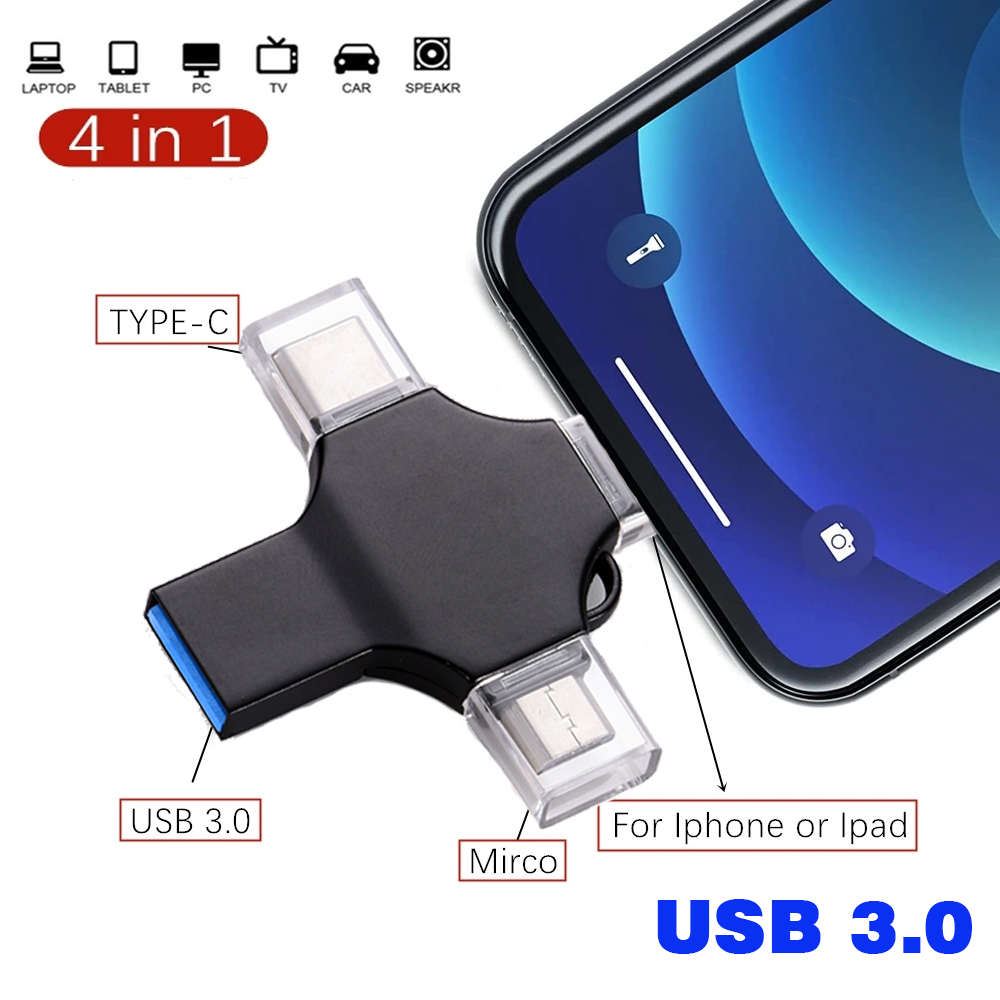 4in1 USB 3.0 Flash Drive 256GB 128GB Rotatable Rose Gold Pen Drive for IPhone /ipad/PC /Mirco Interface Memory Stick U Disk 8GB