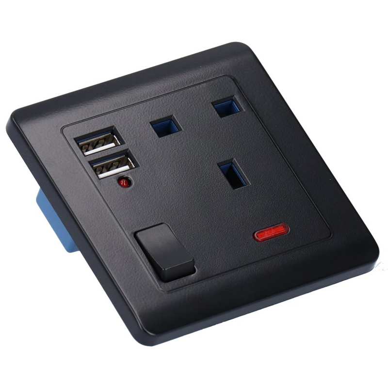 Multi-Functional Wall Power Outlet Socket with 2 USB Port 13A for Home Office Black Household Socket UK Plug 250V