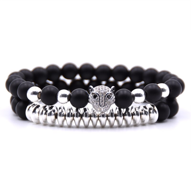 Men CZ Zirconia Leopard head Charms Bracelets 8mm Natural stone Matte Beads Bracelet For Women jewelry pulseras: 1