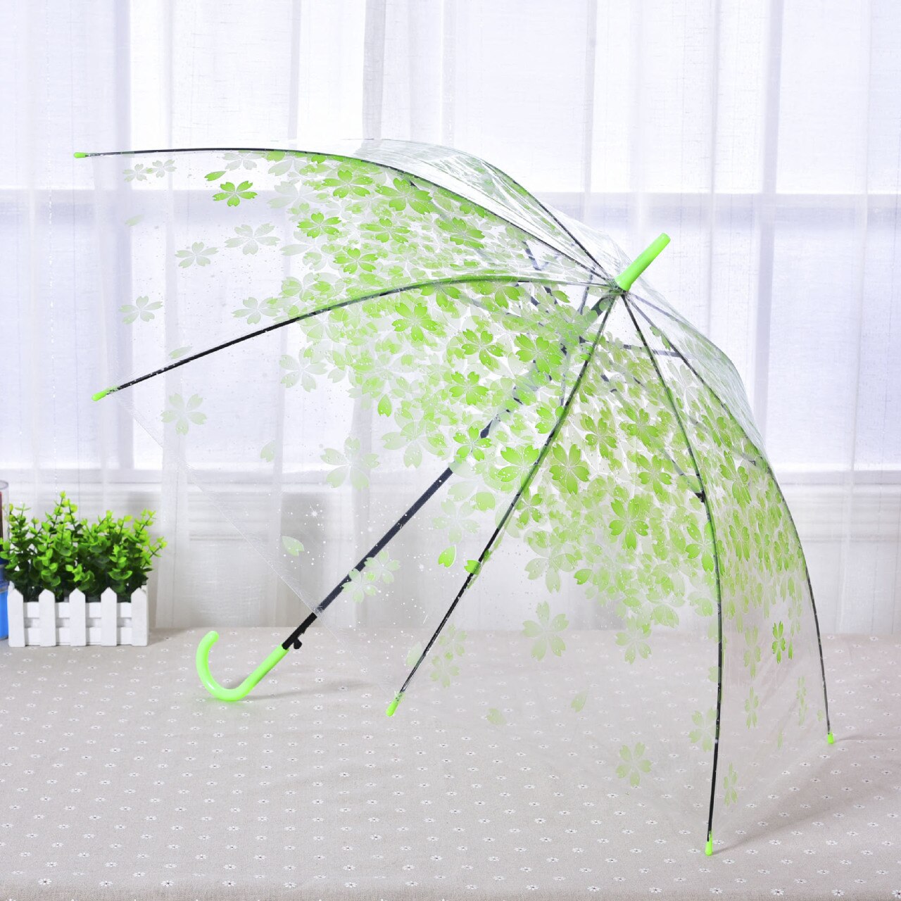 Sakura-paraguas transparente de PVC para lluvia, sombrilla de , boda, mango largo, palo recto: Verde