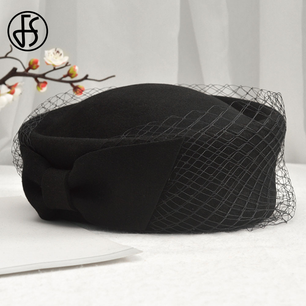 FS British Vintage Bowknot Black Veil Fascinator Hat Women Wool Felt Pillbox Hats Bridal Wedding Party Fedora Church Beret