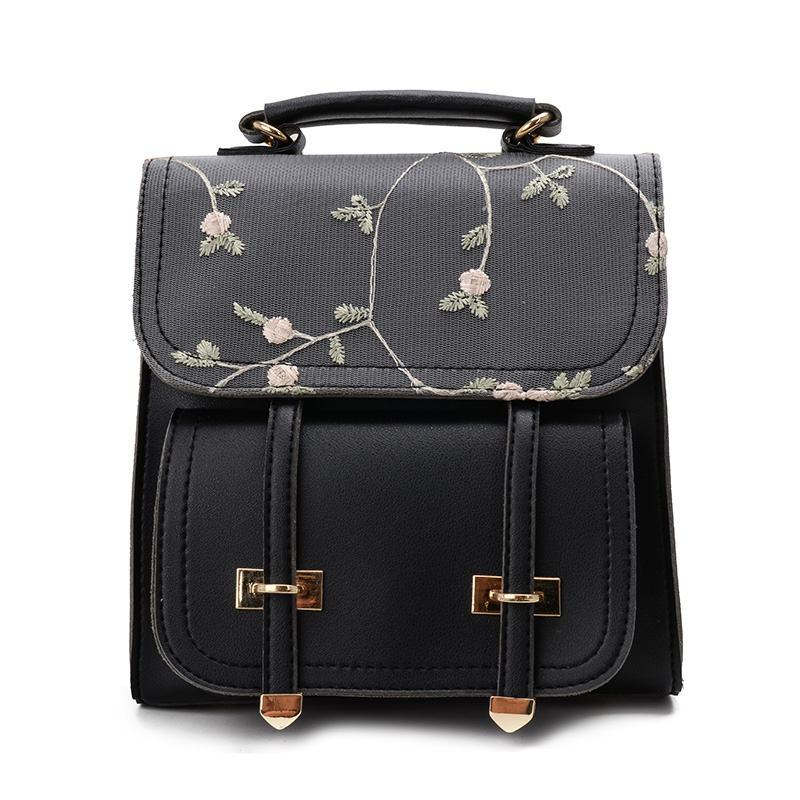 MoneRffi sac à dos scolaire adolescentes de en cuir femmes sac à bandoulière sac à dos broderie florale sac à dos: black
