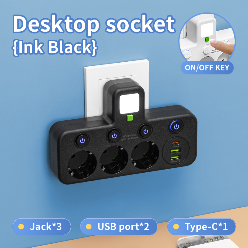 Regleta de enchufe estándar europeo montada en la pared con enchufe europeo con carga USB C, adaptador de filtro de red de interruptor independiente de 5 CA: verde