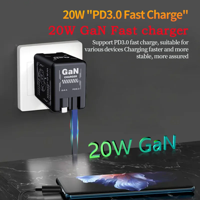 GaN 20W Snellader met intrekbare Type-C kabel, snellaadadapter voor iPhone 17 16 15 14 13 12 11 iPad