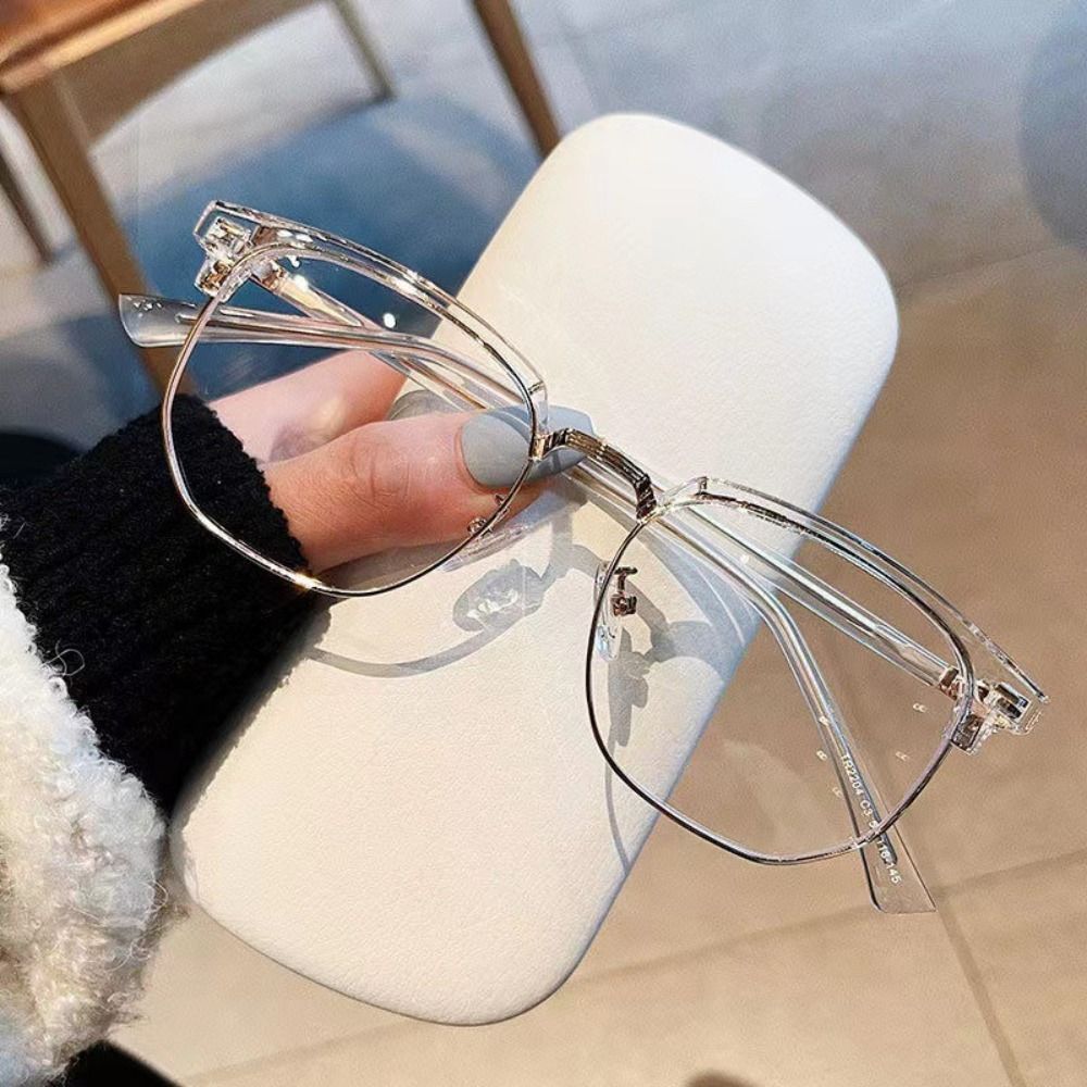 Retro Metal Half Frame Anti-Blue Light Glasses Eye Protection Plastics Flat Mirror Spectacles Half Frame Glasses for Women Men: GRAY