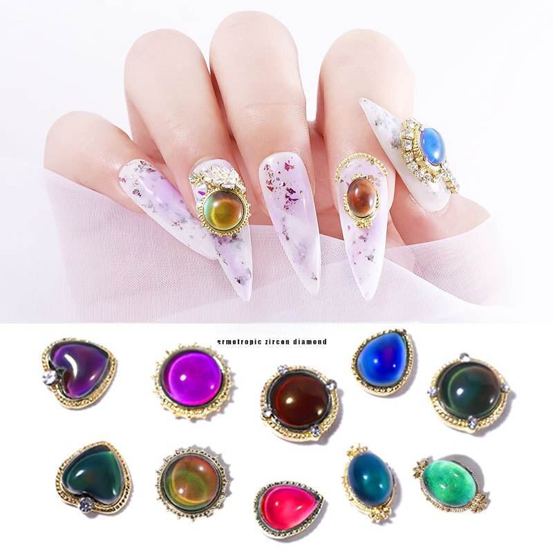 Cat eye sten nagelkonstdekoration 5 st beröringstemperaturkänslig växlande färg blandad storlek pärla 3d strass manikyrverktyg