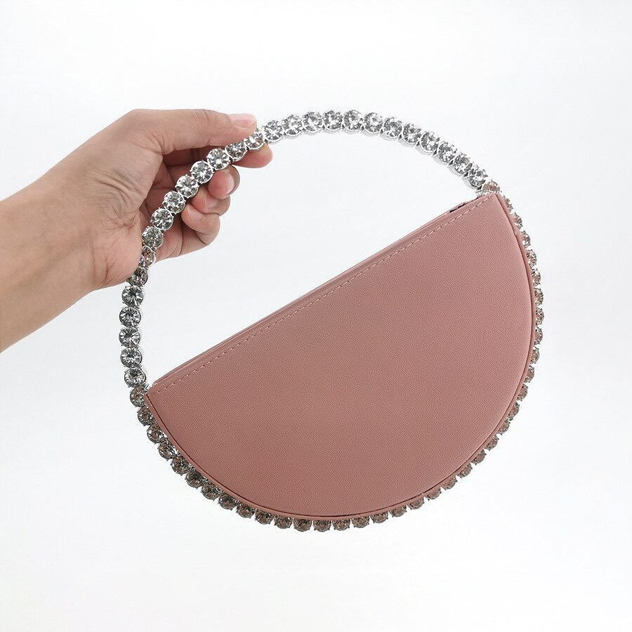 Diamond Red Heart Evening Clutch Bags Metal Handle Circle Purse Chic Rhinestone for Women Wedding Party Flaps: Circle Pink