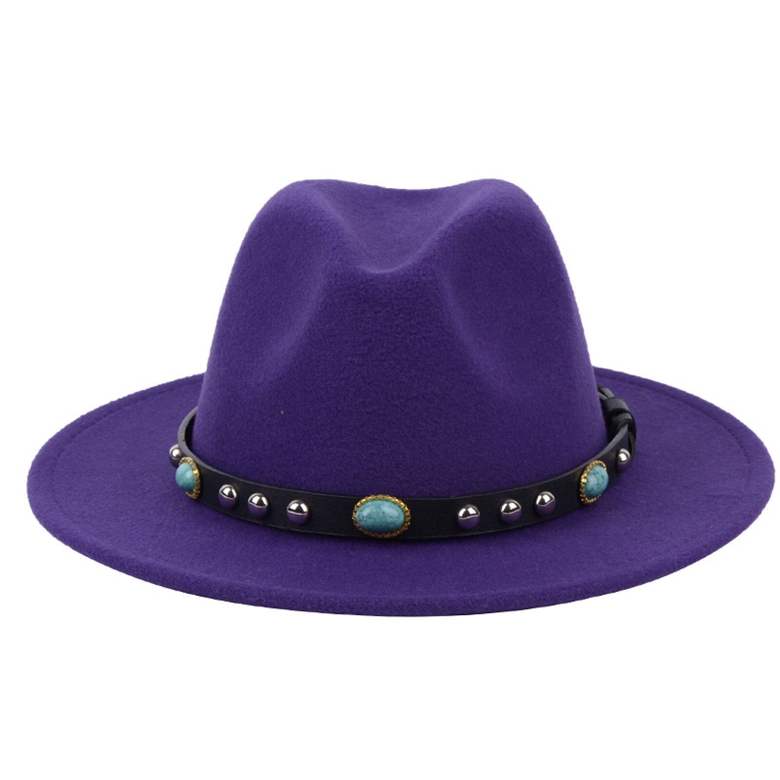 Sombrero de fieltro Vintage estilo inglés para hombre y mujer, Fedora de fieltro de lujo, hebilla de cinturón ancha, gorros con visera vaquera, sombrero de Jazz: Morado