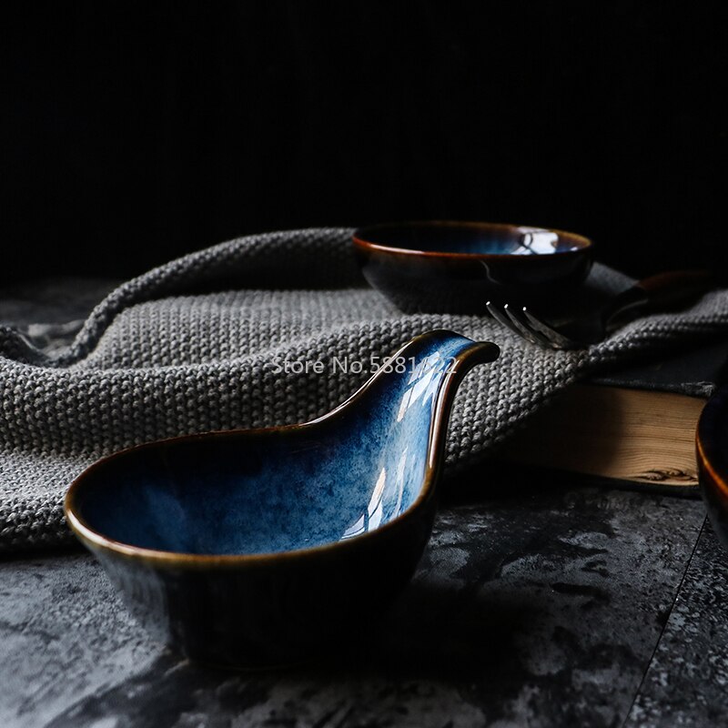Deep Blue Ceramic Dinner Soup Spoon Ketchup Sauce Dish Spoon