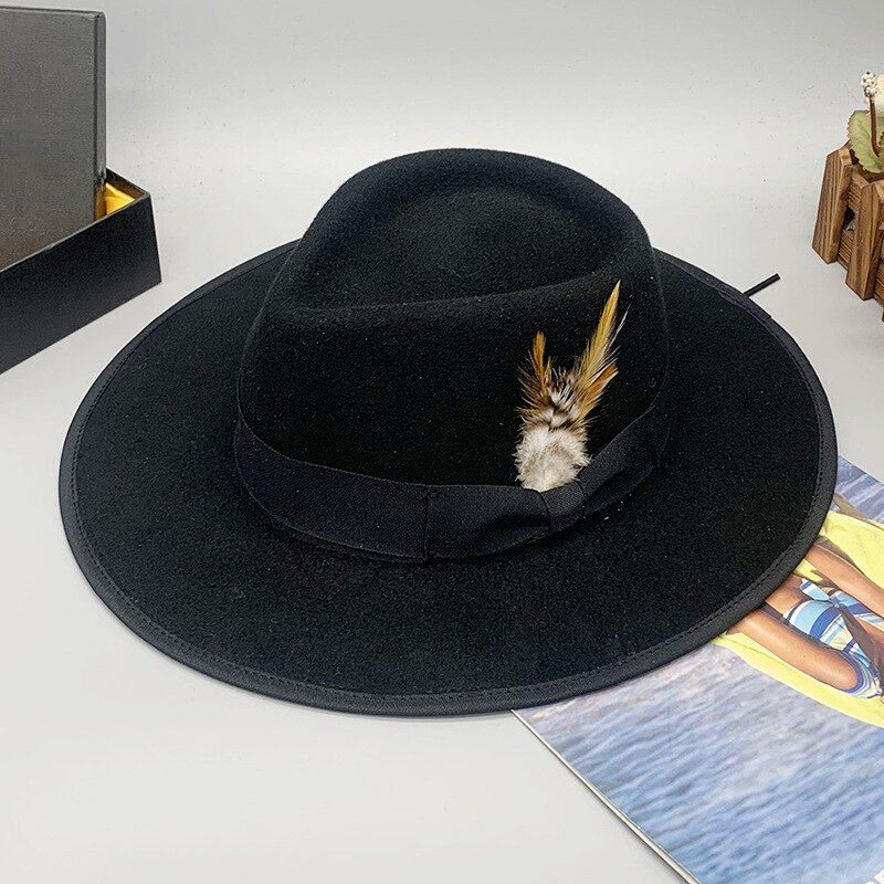 Men Women Retro Adjustable Blue Wool Blend Classical Homburg Hats Feather Band Fedora Caps Trilby Sunhat Jazz Winter Warm LM32: black