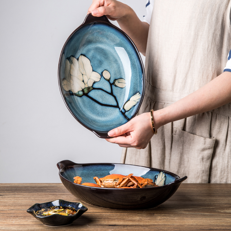 Chinese hand-painted 8-inch double-eared fish plate household fish plate ceramic soup plate oval boat-shaped steamed fish plate