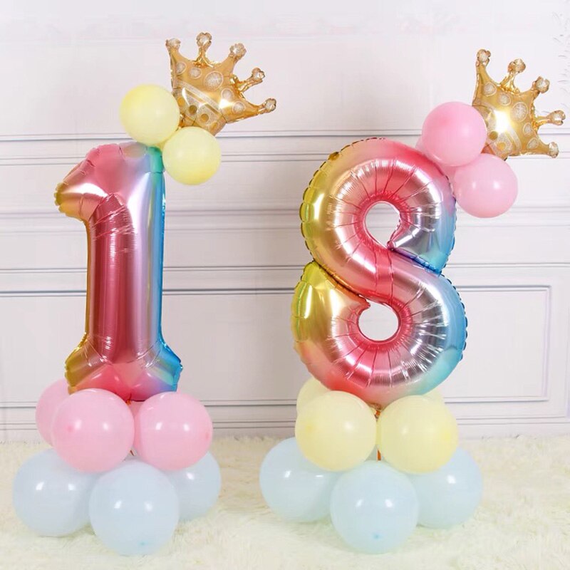 17 Stks/set 32 Inch Regenboog Nummer Folie Ballonnen Crown Digitale Helium Ballon Bruiloft Decoratie Verjaardag Feestartikelen