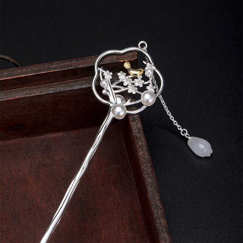 S925 sterling silver hanfu accessories hetian magnolia bird hairpin creative temperament super fairy magpie stepping hairpin