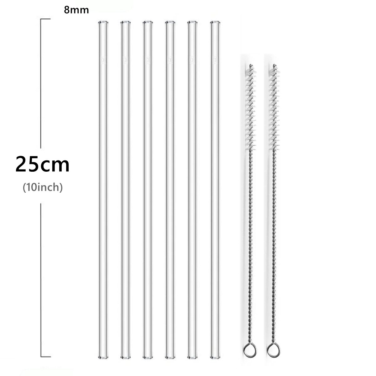 8 x 250mm glass sugerør lange gjenbrukbare glasssugerør til flasker miljøvennlige cocktail sugerør bar fest smoothie drinkware: 25cm rett