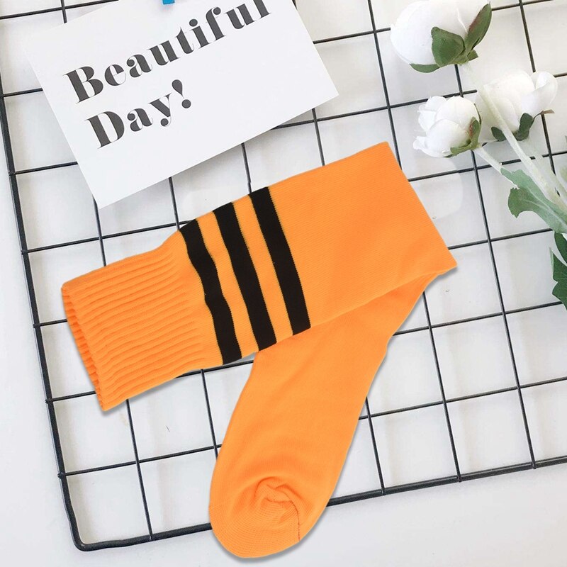 Heren kniehoge gestreepte elastische voetbalsokken oranje zwart paar