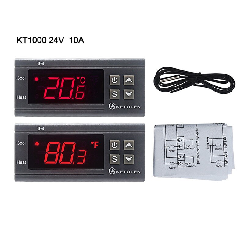 KT1000 Digital Temperature Controller 10A C/F 12V 24V 220V Two Relay Incubator Temperature Thermostat With Heater And Cooler: KT1000 24V